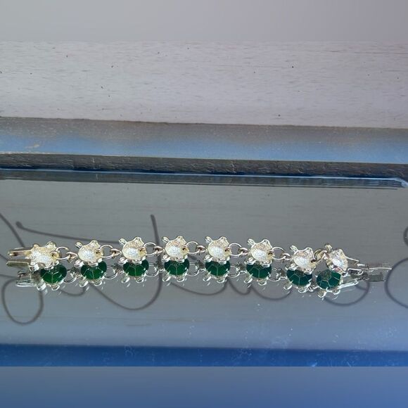 VINTAGE LENOX GREEN ENAMEL & PERIDOT CRYSTAL TURTLE  BRACELET - Picture 4 of 5